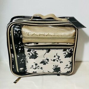 NWT Tahari Black and Cream Floral Cosmetic Bag Set